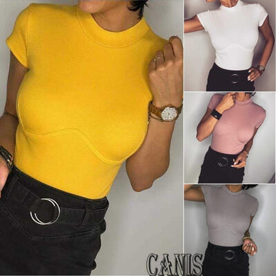 

Hot Sale Women Plain High Collar Short Sleeve Top T-Shirt Stretch Blouse Vest
