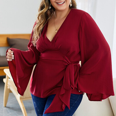 

Gobestart Womens Fashion V-Neck Plus Size Solid Color Strap Print Speaker Long Sleeve Top