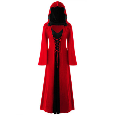 

Gobestart Womens Plus Size Halloween Hooded Lace Up Patchwork Long Sleeve Long Dress