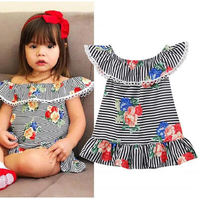 

Toddler Kids Girls Flower Stripe Casual Summer Party Dress Sundress Age 1-6Y