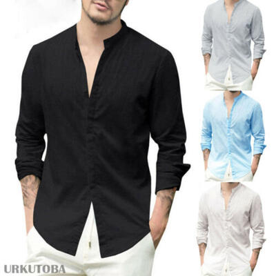 

US Mens Summer Long Sleeve Beach Shirts Loose V-neck Linen T-shirt Tops Tee