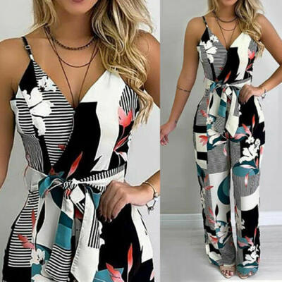 

Women Summer Casual Sleeveless Jumpsuit Floral Wide Leg Pants Suit Playsuit Size
