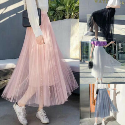 

CA Women Princess Tulle Pleated Long Skirt Wedding Prom Beading Bouffant Dress