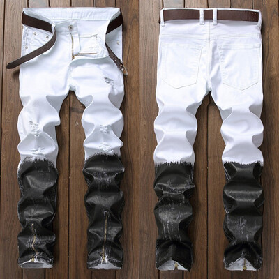 

Gobestart Mens Casual Denim Straight Hole Jeans Stitching color Trousers Long Pant
