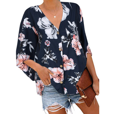 

Starmoon Womens Floral V Neck Button Down 34 Bell Sleeve Blouse Loose Shirt Tops
