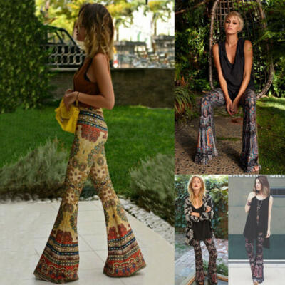 

Womens Boho Hippie High Waist Printed Wide Leg Long Flared Bell Bottom Pants