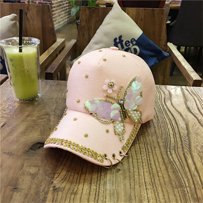 

Hat womens summer Korean butterfly inlaying baseball cap outdoor women sun-shading duck tongue cap metal three-ring sun cap