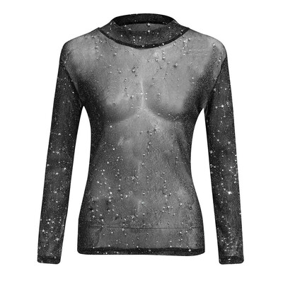 

Women Casual High Collar Sexy Tops Mesh Perspective Bottoming Long Sleeve Blouse