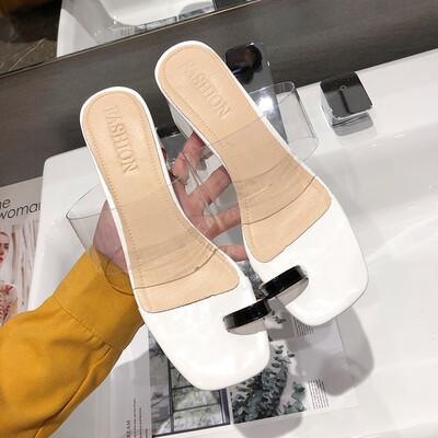 

Slippers Woman Cute ins Summer Korean Edition Square Head Thick-heeled Toe High-heeled Shoes Transparent One-character Sandwich