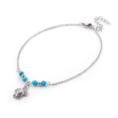 

Synthetic Turquoise Charms Anklets with Tibetan Style Alloy Pendants 304 Stainless Steel Findings&Iron Eye Pin Sea Turtle