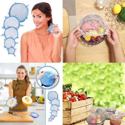 

NEW 6 Pcs Reusable Silicone Food Pot Lid Bowl Covers Wrap Keep Food Stretch Fresh