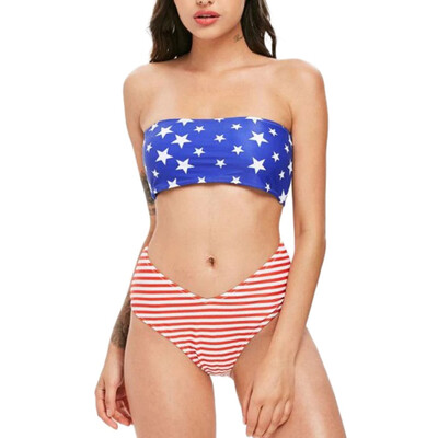 

Roseonmyhand Women Fashion Sexy Swimwear American Flag High Waist Bikini Set Bathing Suit