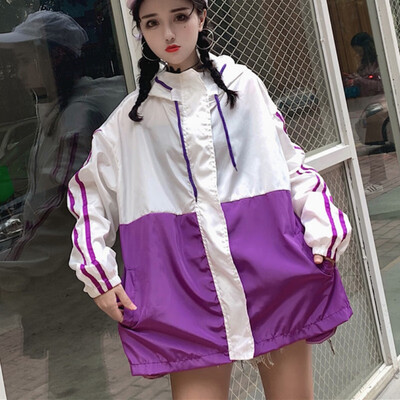 

Women Zipper Basic Jackets Pockets Casual Long Sleeves Coats Oversize Female Autumn Hooded Jacket Two Tone Windbreaker Jacket