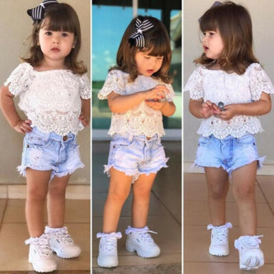 

Kids Baby Girl Floral Clothes Lace TopsDenim Pants Outfits Sunsuit Summer Set