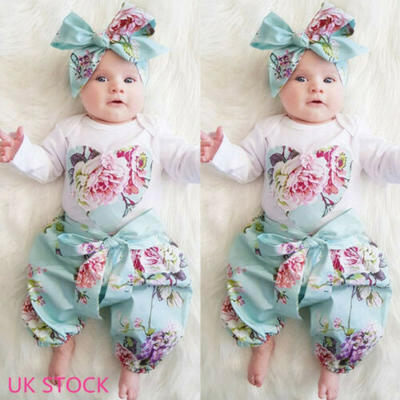 

UK Infant Newborn Baby Girl 3pcs Clothes Romper Tops Floral Pants Outfits Set