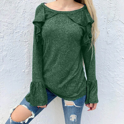 

Tailored Womens Fashionable Round-Necked Plain-Coloured Long-Sleeved Horn Cuff Blouses