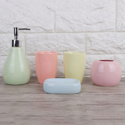 

Greensen 5PCS Porcelain Colorful Bathroom Set Liquid Soap Dispenser Toothbrush Holder