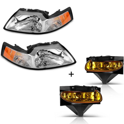 

for 1999-2004 Ford Mustang Chrome Housing Headlights Amber Yellow Lens Fog Lights