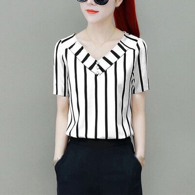

Womens Casual Short Sleeve Tops Stripes Printed Plus Size V Neck Office Blouse
