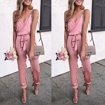

Starmoon Fashion Women Solid V-Neck Strapless Bandage Ruffled Sleeveless Long Jumpsuits