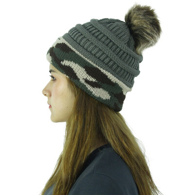 

Tailored Women Camouflage Stitching Outdoor Plush Ball Hats Crochet Knit Beanie Cap