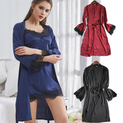 

Womens Sexy Silk Satin Pajamas Sleepwear Vintage Midi Robes Night Gown -XL
