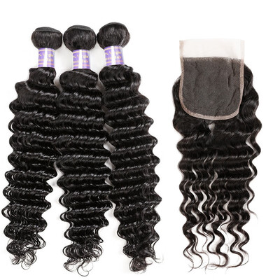 

Brazilian Remy Human Hair Weave Deep Wave Hair 3pcs Bundles with Lace Closure Virgin Cheap Extensions