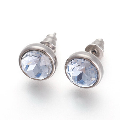 

304 Stainless Steel Stud Earrings with Rhinestone Flat Round Light Sapphire 10x6mm Pin 09mm