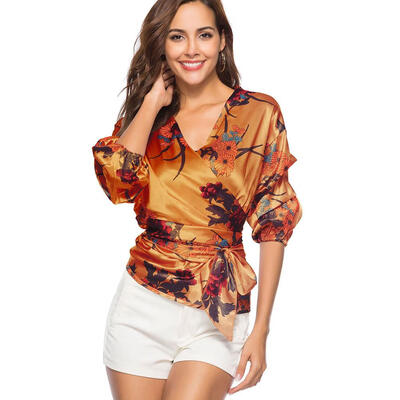 

Women Blouse Floral Print Half Sleeve Bandage Tunic Fashion Slim Tops