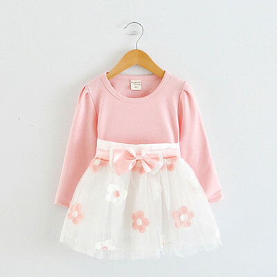 

Toddler Kids Baby Girls Long Sleeve Tulle Patchwork Flower Bow Dresses Clothes