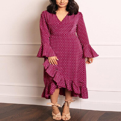 

Polka Dots Printed V-neck Flare Long Sleeve Flounce Wrap Dress