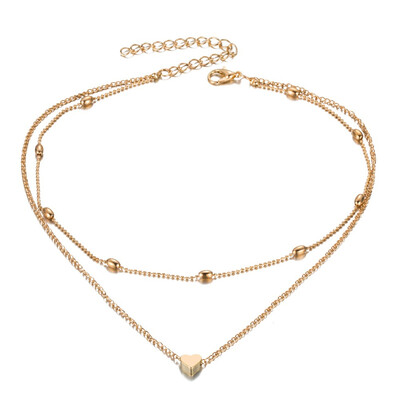 

Fashion Jewelry Gold Color Love Heart Necklace For Women Double layer Chain Bead Choker Pendant Heart Necklace Party Gifts