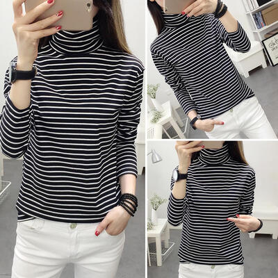 

Women Long Sleeve Stripe High Neck T-shirt Casual Slim Fit Tops Daily Wear