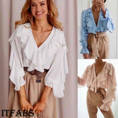 

Women Long Bell Sleeve Tops Deep V Lace Up Casual Tunics Lace Chiffon Blouse Tee