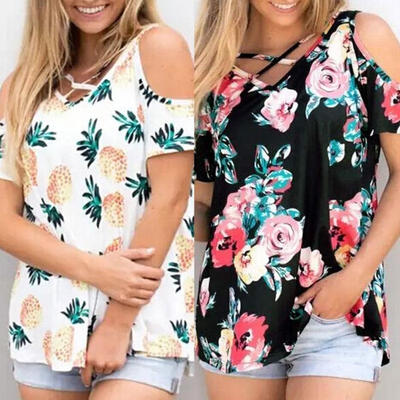 

Women Short Sleeve Cold Shoulder Floral & Striped Tops Blouse Casual T-Shirts