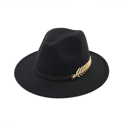 

Vintage Women Men Felt Wide Brim Fedoras Hat Trilby Jazz Gangster Cap With Leaf