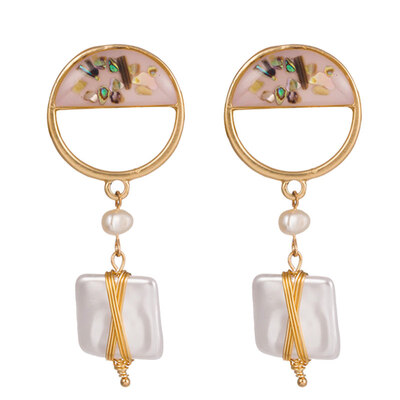 

Colorful Shell Circle Square Faux Pearl Long Dangle Women Stud Earrings Jewelry