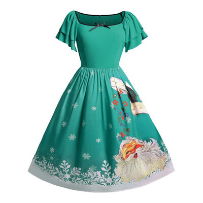 

Gobestart Women Christmas Plus Size Bow Santa Claus Print Vintage Dress