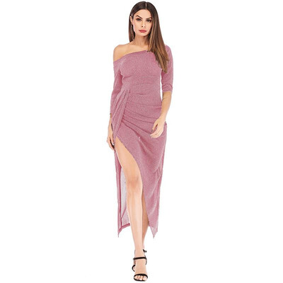 

New Sexy Women Shiny Maxi Dress Off Shoulder High Split Slash Neck Ruched Bodycon Club Party Long Dress