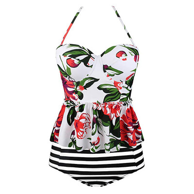 

Roseonmyhand Women Vintage Underwire Floral Print Ruffle Strap Striped Beach Swimwear Tankini