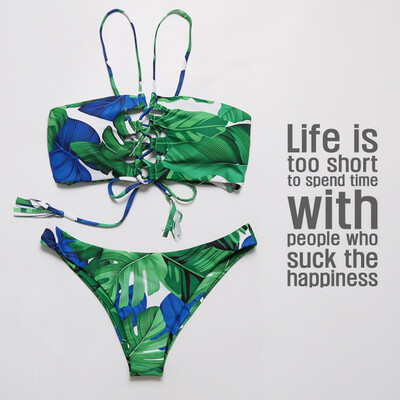 

Saidsome Women Swimwear Bikini Set Print Leaves Push-Up Padded Bathing Swimsuit Beachwear