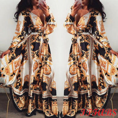 

2019 Summer Women Floral V Neck Long Sleeve Casual Party Vintage Boho Maxi Dress