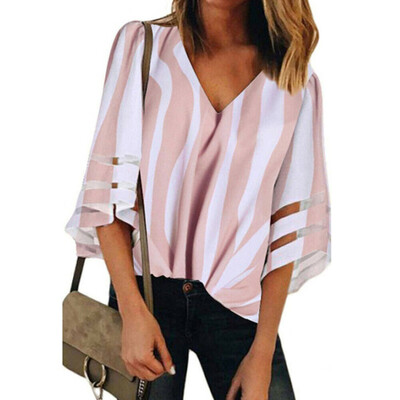 

Womens V-Neck Short Sleeve Striped Casual Blouse Loose Tops Summer T-Shirt NEW