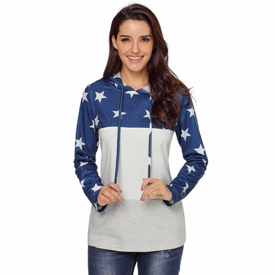 

Star stitching long sleeve pullover top casual sports hooded sweatshirt womens