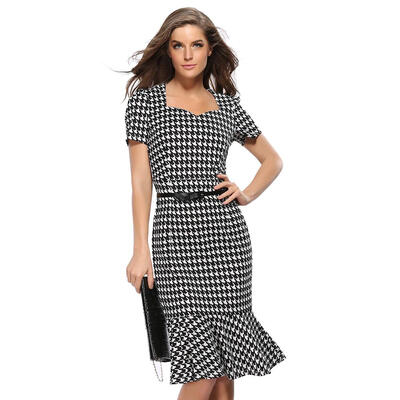 

Short Sleeve Fishtail Pencil Dress Elegant Women Plaid Print Tunic Dresses