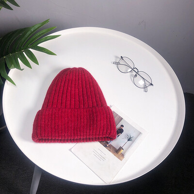 

Wool hat children tide Joker plus velvet padded hem knit hat warm Korean soft sister solid color outdoor pullover hat