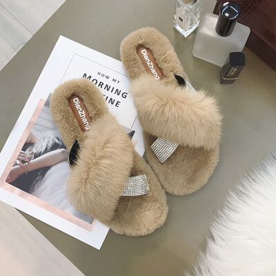 

Fur sole slippers Women wear Korean version flat sole cross-slipper fashion wool shoes in autumn&winter