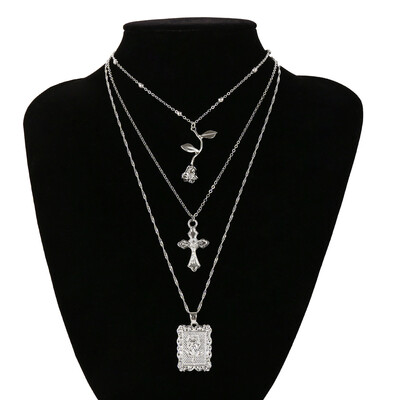 

Gold Silvery Alloy Cross Pendant Necklace for Women Simple Female Long Chain Coin Necklace Rose Flower Collier 2018 Wholesale