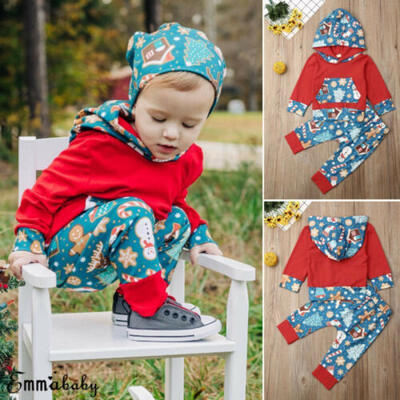 

2pcs Newborn Baby Girls Boys Xmas Hooded Top Long Pants Suit Outfits Clothes