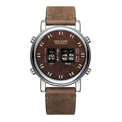 

MEGIR 2137 Military Army Quartz Men Watch 3ATM Waterproof Drum-Type Roller Wrist Watch Outdoor Sports Clock Wristwatch with Leathe